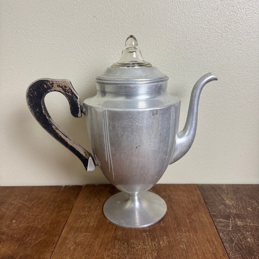 Art Deco Aluminum Pedestal Percolator Glass knob and wood handle